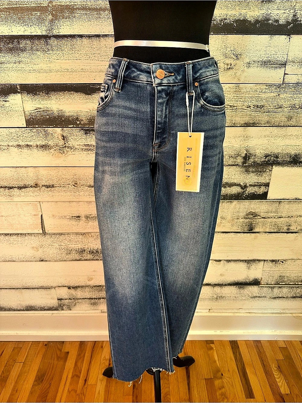 Risen High Rise Raw Hem Straight Leg Jeans Cropped Jeans Blue Waist 1/25